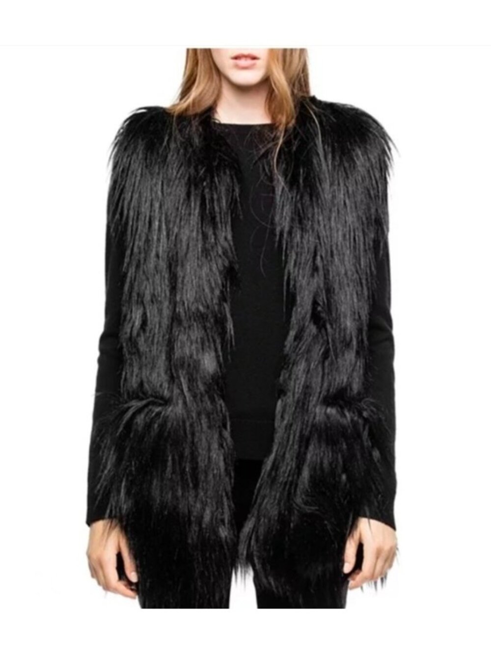 Zadig & Voltaire Black Faux Fur Vest Women’s Size S Long Sleeveless Luxury Layer